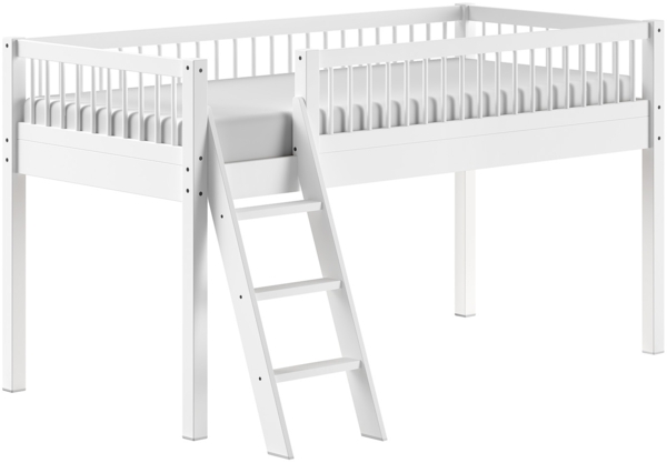 Hochbett >Buche Massiv< Rollrost, 90x200cm, Buche massiv weiß - 207,5x114x97,5 (BxHxT)