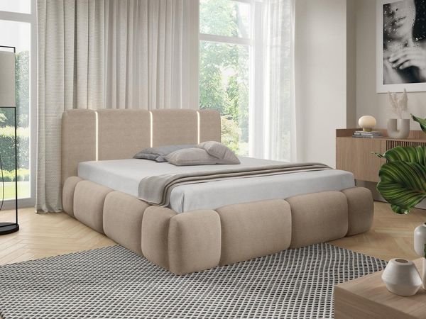Compleo Polsterbett LED, Wolkenbett boucle ohne Matratze HUGS, Designerbett mit Bettkasten, 120/140/160/180/200x200