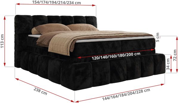 Boxspringbett NIRA KING, Doppelbett mit Fußteil, 7-Zonen Multipocket-Matratzen und Topper, Schlafzimmerbett - 180 x 200 cm - Schwarz Plüsch - H4 Bild 6