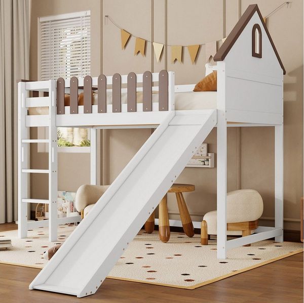 Flieks Hochbett Kinderbett Haus-Design 90x200 cm mit dreistufiger Leiter und Rutsche