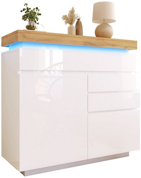 Sweiko Kommode Hochglanz Sideboard Aufbewahrungsschrank (mit 2 Türen und 3 Schubladen, LED Beleuchtung, App -Steuerung 115 x 110 x 39 cm)