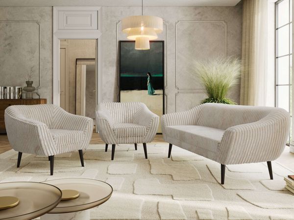 Wohnzimmerset PIRS 1-1-3, Skandinavisches 3-Sitzer Sofa mit Sesseln, Sofa mit Wellenfederung, schwarze Füße, Skandinavisches Möbelset - Beige Cord