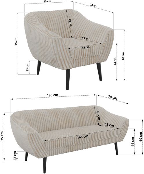 Wohnzimmerset PIRS 1-1-3, Skandinavisches 3-Sitzer Sofa mit Sesseln, Sofa mit Wellenfederung, schwarze Füße, Skandinavisches Möbelset - Beige Cord Bild 5