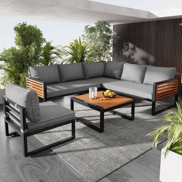 Celya Gartenlounge-Set Gartenmöbel-Set für 5-6 Personen mit esstisch, Gartensofa-Set, (Loungemöbel, Balkon, Garten, Terrasse, Wohnzimmer, Modernes Outdoor-Sofa-Set, Gartenmöbel-Set), mit verzinktem Eisenrahmen,dekorative Armlehnen aus Holz