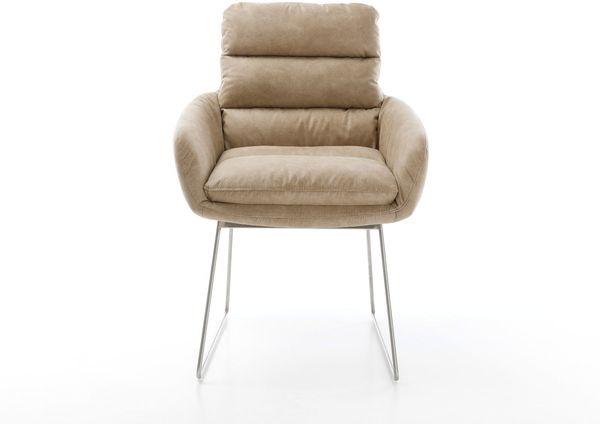 Esszimmerstuhl Abelia-Flex mit Armlehnen Mikrofaser Beige Vintage Kufengestell Edelstahl Bild 2