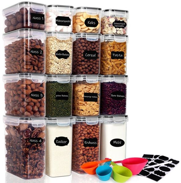 CALIYO Vorratsdose 16 Set Vorratsdosen Küche Behälter, Aufbewahrungsbox Mit Deckel, Polyprophylen (PP), (16-tlg, Polyprophylen (PP) Vorratsdosen für alle trockenen Lebensmittel), Vorratsgläser zur Aufbewahrung von Nudeln und Müsli