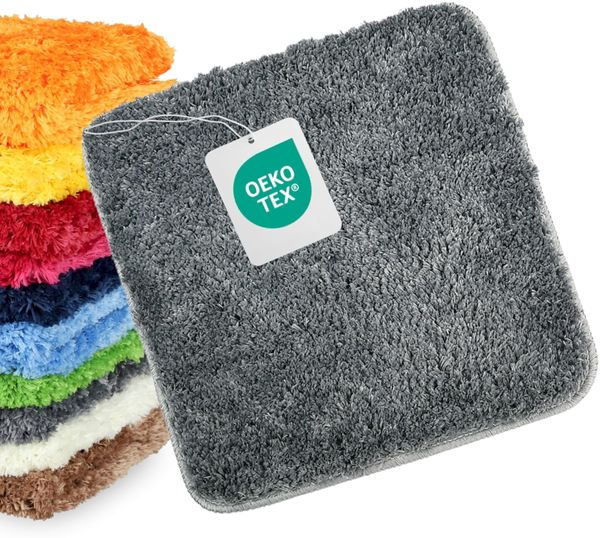 WohnDirect Badematte 45x45 cm ohne Ausschnitt Grau – Kleiner Badteppich Quadratisch & rutschfest, Flauschiger Badvorleger, Waschbar, für Gäste-WC & Fußbodenheizung (Versand aus DE)