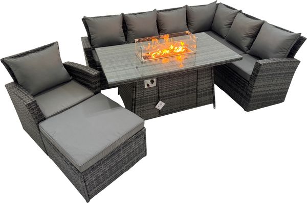 Fimous 8 Sitzer Outdoor Hoher Rücken Rattan Gartenmöbel Esstisch Set mit Sessel Dunkelgrau gemischt Rechts Side