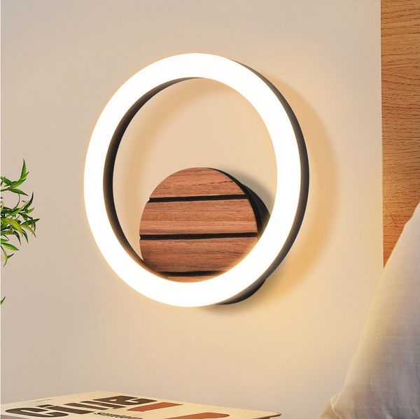 ZMH Wandleuchte 20CM Rund 6W LED Modern Design Klein Flur 3000K Warmweiß Küchenlampe, Augenschutz, LED fest integriert, Warmweiß, Beidseitig montierbar, Holzoptik-Design