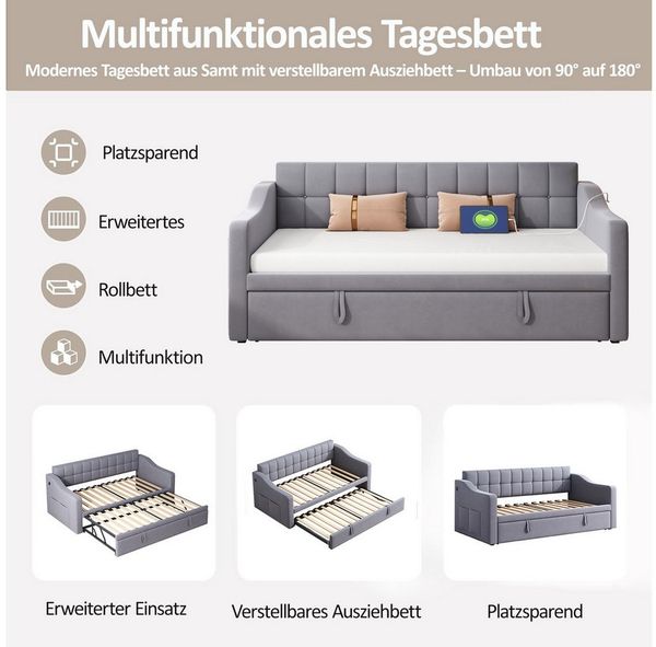 OKWISH Bett Polsterbett Ausziehbares Schlafsofa (Tagesbett Daybett 90/180 cm mit USB-Anschluss, Stauraum & Samtbezug, Platzsparendes Ausziehbett, für Wohnzimmer & Gästezimmer 90/180*190cm), ohne Matratze Bild 2