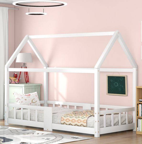 Kinderbett Hausbett 90x200 cm mit Rausfallschutz und Tafel – aus massivem Kiefernholz und MDF in Weiß