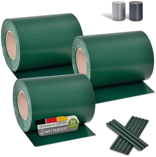Juskys Sichtschutzstreifen für Doppelstabmatten PVC, Zaun (3er Set) - 3 Rollen á 35m x 19cm - 90 Befestigungsclips - Zaunfolie Sichtschutz Windschutz - grün