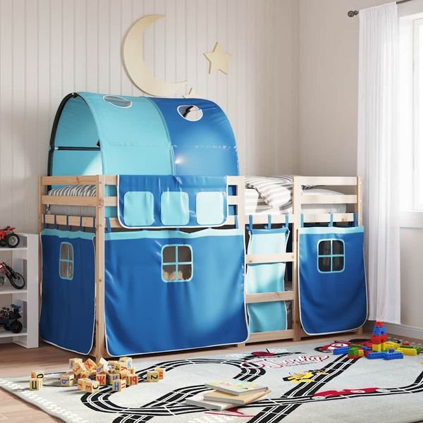 vidaXL Etagenbett mit Vorhängen Blau 90x190 cm Massivholz Kiefer 3283995