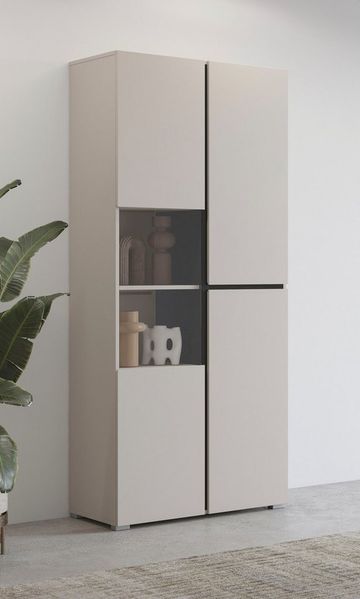 OTTO home Vitrine Cross, Höhe 183,5 cm, moderne grifflose Standvitrine mit 3 Türen Hochschrank mit viel Stauraum, Glastür und verstellbaren Einlegeböden