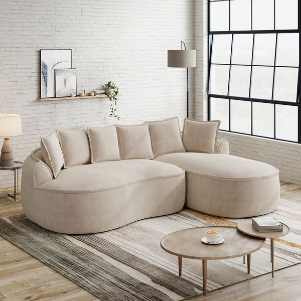 Flieks Modulares L-Form Cloud Sofa, extra tiefe Sitzfläche, breit gepolstert, mit Chaiselongue links & Kissen, kein Aufbau nötig, Chenille, Beige