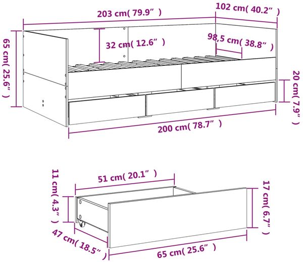 vidaXL Tagesbett mit Schubladen ohne Matratze Grau Sonoma 100x200 cm 3280816 Bild 10