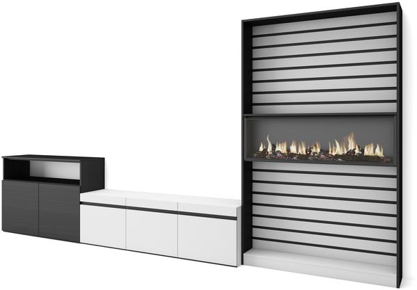 Skraut Home | Wohnwand Wohnzimmer | Wohnzimmermöbel, Möbelset | 360 x 186 x 35 cm | Für TV-Geräte bis zu 65" | Elektrokamin | Moderner Stil | Weiß und Schwarz