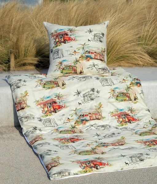 Janine Bettwäsche Mako-Baumwolle, Mako-Satin, 2 teilig, bunte Bullis, Camping am Strand, Urlaubsfeeling