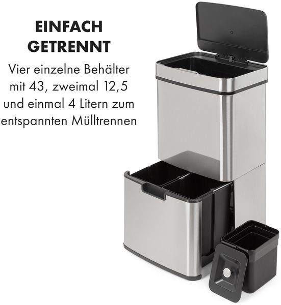 Klarstein Touchless Mülleimer Sensor-Mülleimer, 72 Liter Volumen in 4 Behältern: 43 & 2 x 12,5 Liter, Bio-Eimer mit Deckel: 4 Liter, touchless: automatisches Öffnen und Schließen, silber Bild 3