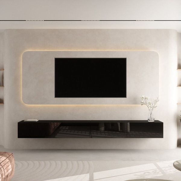 Planetmöbel TV Board 280 cm Schwarz, TV Schrank mit 4 Klappen als Stauraum, Lowboard hängend oder stehend, Sideboard Wohnzimmer