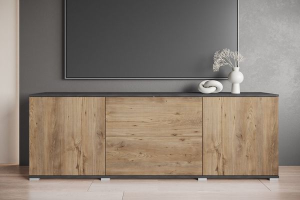 OTTO home Lowboard Kenia (1 St), 2 Türen, 2 Schubladen, Breite 180 cm, höhenverstellbare Einlegeböden
