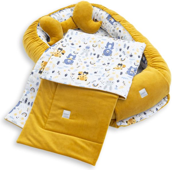 LOOLAY Babynest, Nestchen für Neugeborene – Baby Nestchen 91 × 63 cm mit Decke, Tragbares Nest aus Samtvelours & Baumwolle – Wendbares, Ganzjährig Nutzbares babynestchen (Wald Tiere)