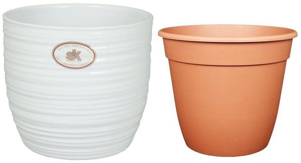 Heimwerkercenter Übertopf Set - Keramikübertopf Bergamo ø13 cm, weiß + Pflanztopf ø12