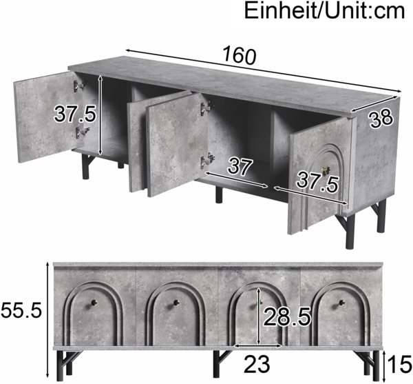 Modernes 4-türiges TV-Board – Grau,160×38×55.55 cm,modernes Design, viel Stauraum Bild 4