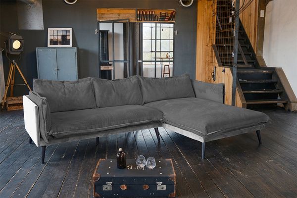 KAWOLA Sofa QUENYA Ecksofa Cord dunkelgrau / Velvet silber Recamiere rechts 88 x 184 x 294 cm