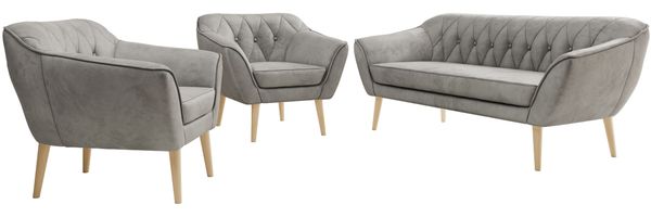 Wohnzimmerset PIRS 1-1-3, Skandinavisches 3-Sitzer Sofa mit Sesseln, Sofa mit Wellenfederung, Buche Füße, Skandinavisches Möbelset - Hellgrau Velvet Bild 6