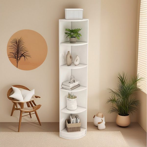 MODFU Eckschreibtisch Eckbücherregal,Lagerregal (Eckbücherregal aus MDF – 5-stöckig, platzsparend, hohe Tragkraft, modernes weißes Design, 42 x 30 x 180cm)