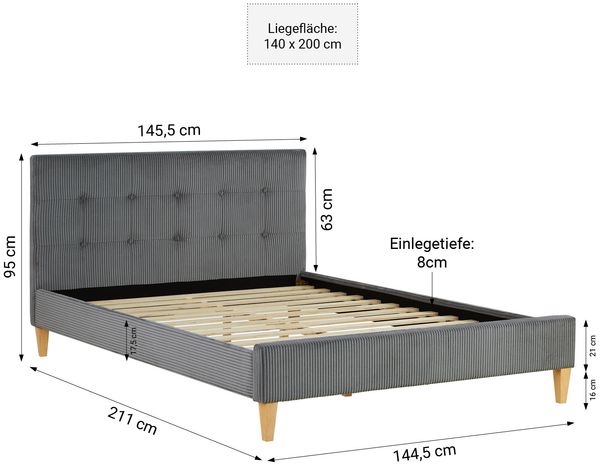 Polsterbett 140x200 cm mit Matratze Grau Cord Doppelbett Bett Bettgestell Lattenrost Stoffbett Bild 4