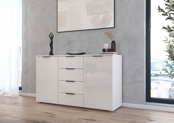 OTTO home Kombikommode Sideboard Kombikommode Schubladenkommode AGORDO mit Glasfront (in zwei Griff-Farben, Breite 120 cm), vier große Schubladen, mit insgesamt 4 Einlegeböden MADE IN GERMANY