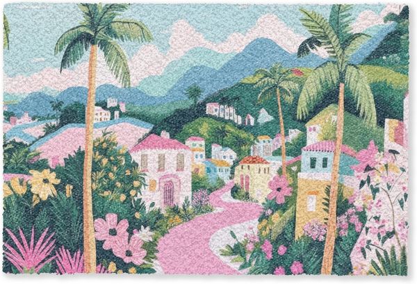 MuchoWow Fußmatte Bunt - Häuser - Hügel - Rosa, Rechteckig, innen Schmutzfangmatte, Tür, Schmutzfänger Flur, Teppich 60x40 cm