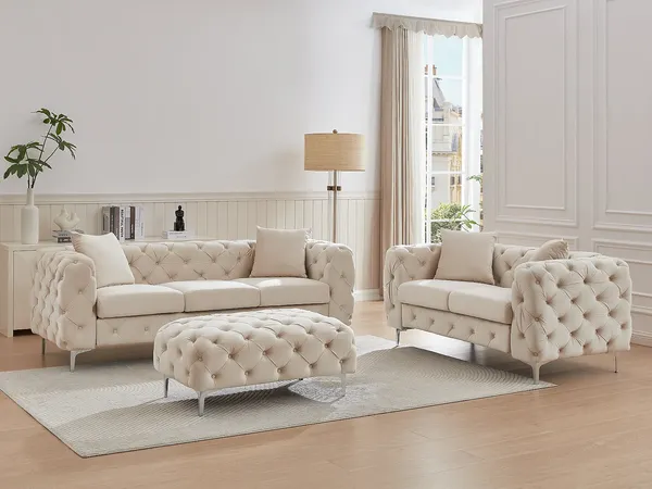 Vente-unique - EDWINA Sofa and armchair set SamtStoff Beige - B 62 cm91 cm x H 44 cm76 cm x L 162 cm103 cm220 cm