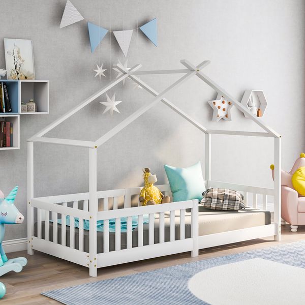 Bett Hausbett Kinderbett 90x200 cm aus Holzmaterial in Weiß mit Schutzzaun und Lattenrost, Matratze nicht enthalten
