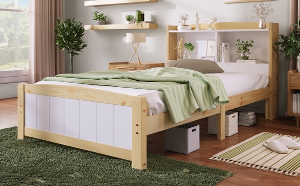 Bett 90x200 cm mit Stauraum-Kopfteil aus Massivholz, weiß – platzsparendes Einzelbett mit Lattenrost