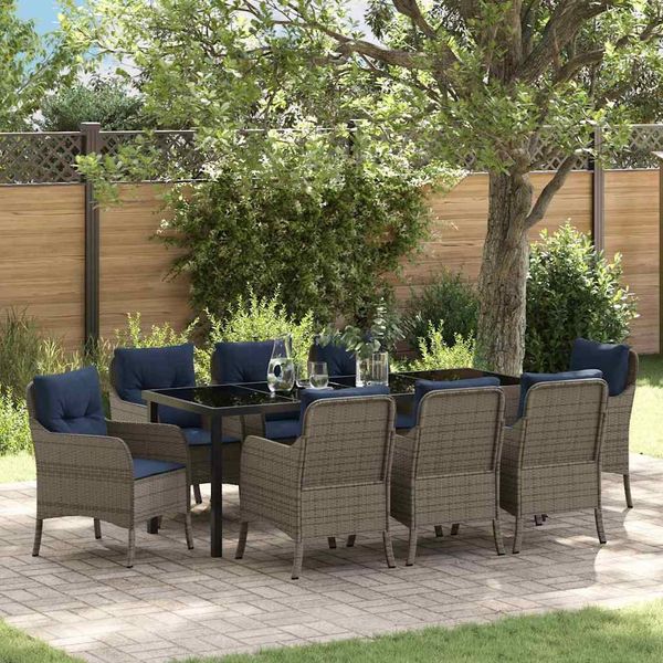 vidaXL Garten Essgruppe mit Kissen 9 pcs Grau Poly-Rattan 3380196