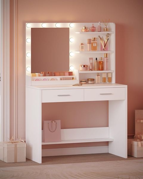 90cm Schminktisch mit Spiegel, Schminktisch mit LE, 3 Helligkeitsstufen, 2 Schubladen, 4 Offene Ablagen und 2 Fächer, Schminktische, Modern, Weiß