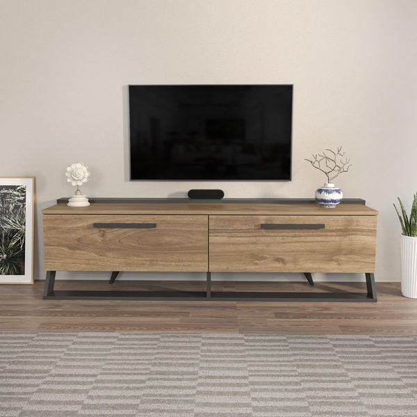 Hanah Home Stylish TV Stand, Walnut & Black, 163.8 x 46.8 x 36.6 cm | 100% Melamine Coated Particle Board, 18 mm Thick | Modern Design for Living Room & Entertainment