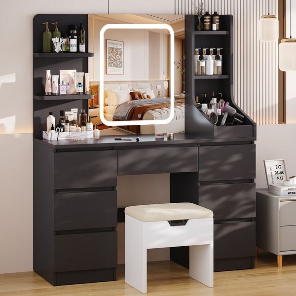 HOMALL Schminktisch Eingebaute LED-Beleuchtung, einstellbare Helligkeit, mit 7 Schubladen (GroBe 110*40*139cm Bestes Geschenk fur Ehefrau/Tochter ostern geschenke)