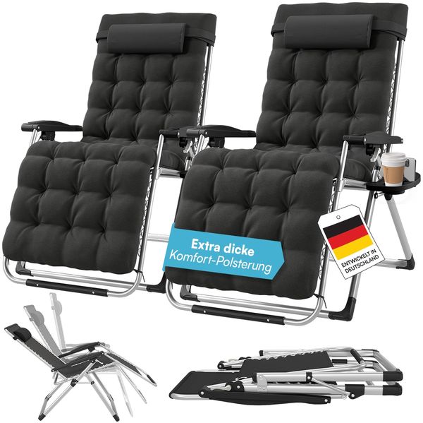 STEELSØN 'Lysira' Liegestuhl, klappbar & wetterfest, schwarz/silber, Sonnenliege mit extra dicker Polsterauflage, verstellbarer Gartenstuhl, bis 200 kg belastbar, 2er Set