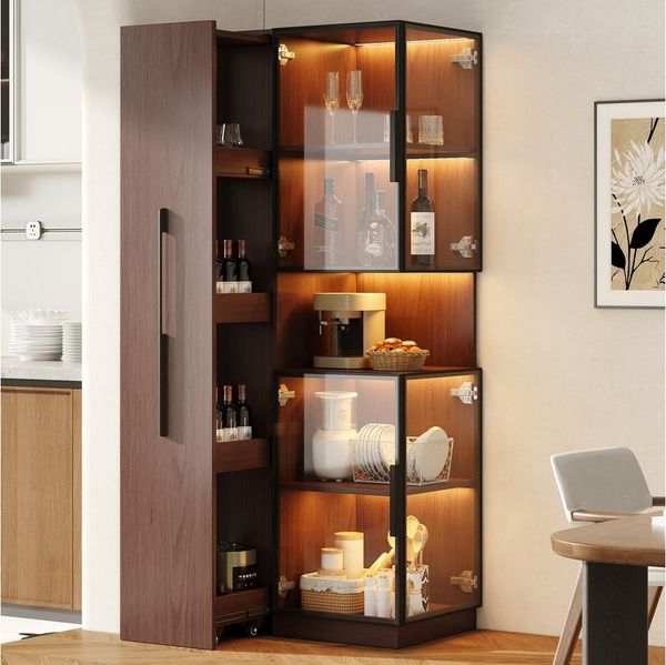 MODFU Vitrine 70x38x160 cm, Walnuss, MDF (Vitrinenschrank, 1-St, Doppelglas mit LED, Ausziehregal & Stauraum) Multifunktionaler Hochschrank für Wohnzimmer, Esszimmer & Küche