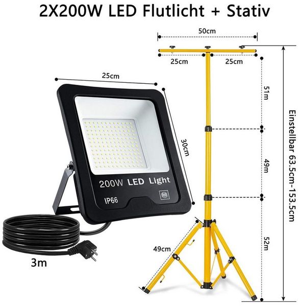 FIVMEN LED Flutlichtstrahler LED Baustrahler 2x100W LED Fluter Strahler mit Stativ und 3M Kabel, für Innen-und Außenbereich, Garage, Baustelle, Sportplatz