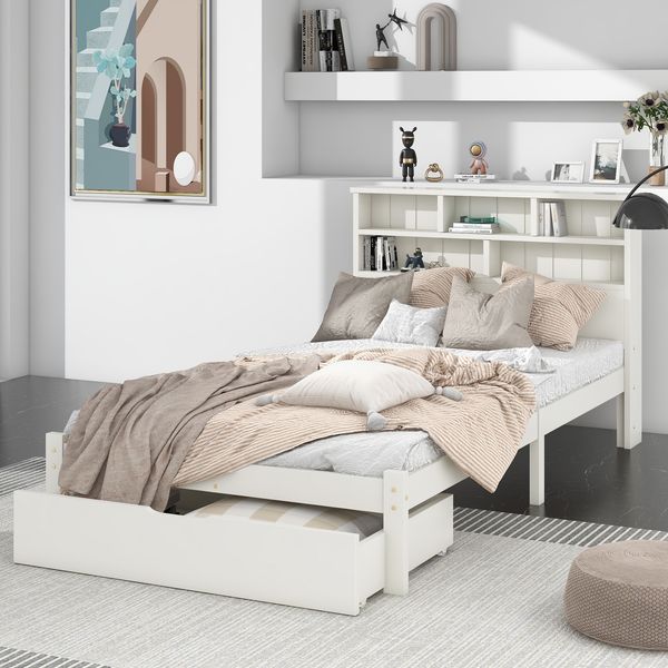 Einzelbett 90x200 cm Weiß mit Bücherregal-Kopfteil und Schublade, Stauraumbett aus Kiefernholz,Jugendbett