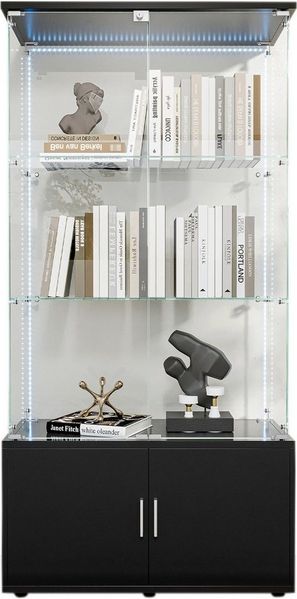 FUROKOY Glasvitrine Standvitrinen mit Kabinett, Vitrine (Vitrinenschrank mit 2 Glastür und Lichtleiste für Sammler, Bücher) 3 Lagen Sammlervitrine, 78.5 x 35 x 164 cm, Schwarz