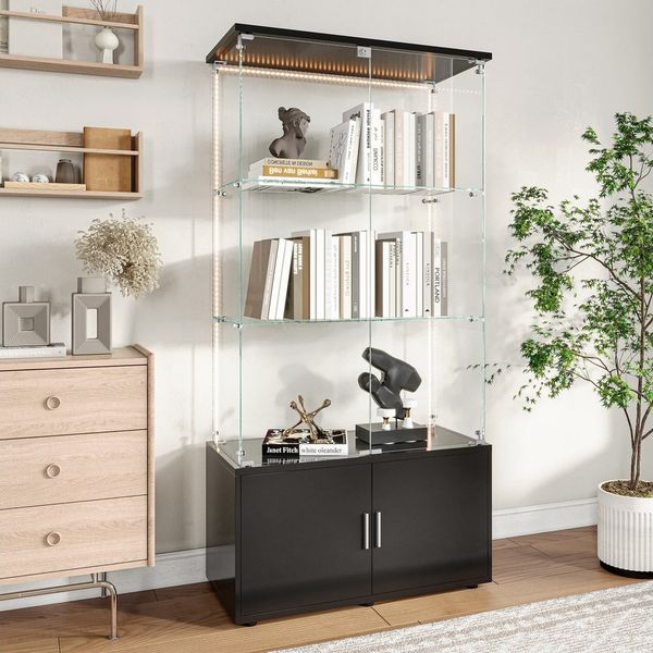 FUROKOY Glasvitrine Standvitrinen mit Kabinett, Vitrine (Vitrinenschrank mit 2 Glastür und Lichtleiste für Sammler, Bücher) 3 Lagen Sammlervitrine, 78.5 x 35 x 164 cm, Schwarz