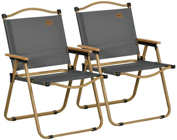 Outsunny Campingstuhl 2er Set faltbarer Gartenstuhl mit Stahlrahmen (Holzoptik, Klappsessel für Pool, Strand, 2 St), Oxfordstoff, Dunkelgrau