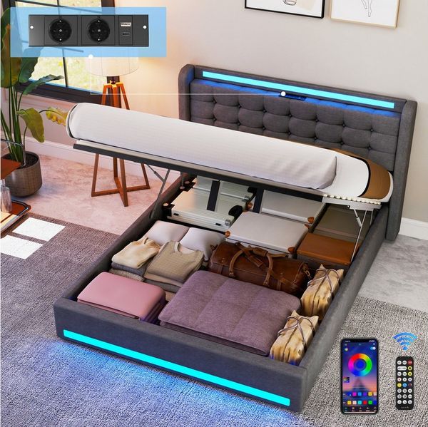 oyajia Stauraumbett LED Hydraulisches Doppelbett 140x200cm mit Ladefunktion (LED, USB- & Typ-C-Ladestation), 90/140/160 x200cm mit Ladefunktion