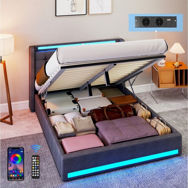 oyajia Stauraumbett LED Hydraulisches Doppelbett 140x200cm mit Ladefunktion (LED, USB- & Typ-C-Ladestation), 90/140/160 x200cm mit Ladefunktion